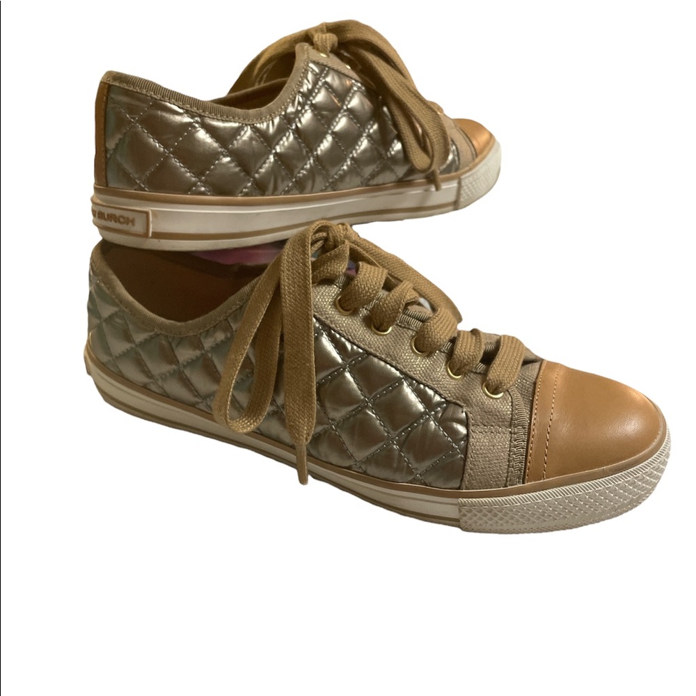 Womens Tory Burch Metallic Gold Caspe Quilted Sneaker shoes - size 8.5 - Picture 1 of 7